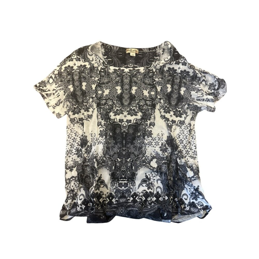 World Unity Woman 1X Short Sleeve Top Black & White Polyester Boho Whimsigoth